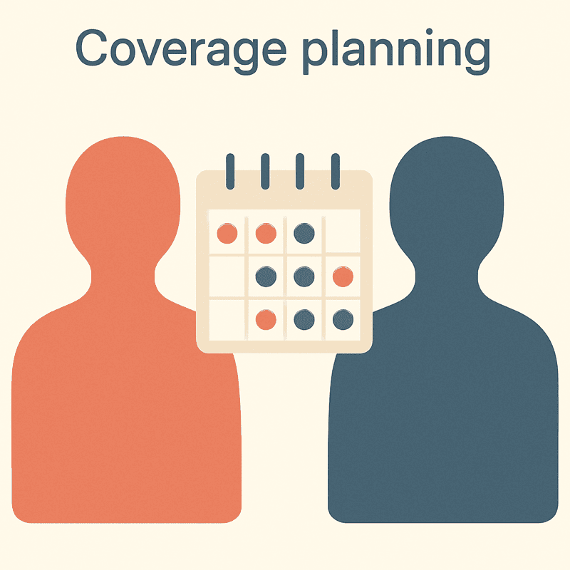 Illustration of two parents sharing a calendar grid with color-coded coverage assignments.