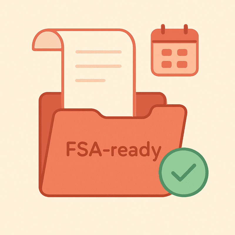 Illustration of receipts being filed into an FSA-ready folder.