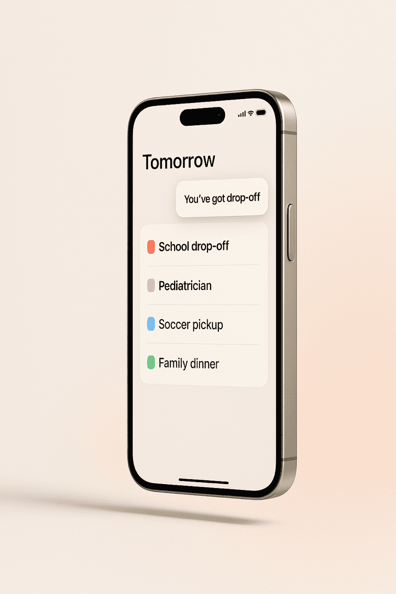 FamCove on iPhone — Tomorrow's calendar with school drop-off, pediatrician, soccer pickup, and family dinner color-coded by parent.
